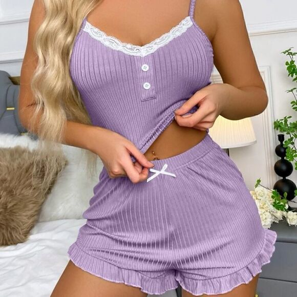 Contrast Lace Top and Shorts Pajama Sleepwear Set - Picture 7 of 9